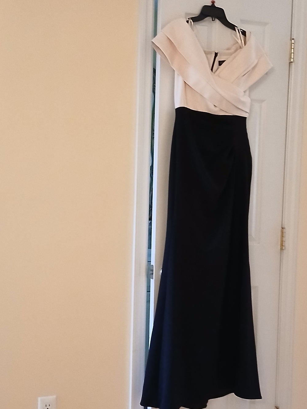 Betsy & Adam Black and Cream Off-Shoulder Maxi Gown